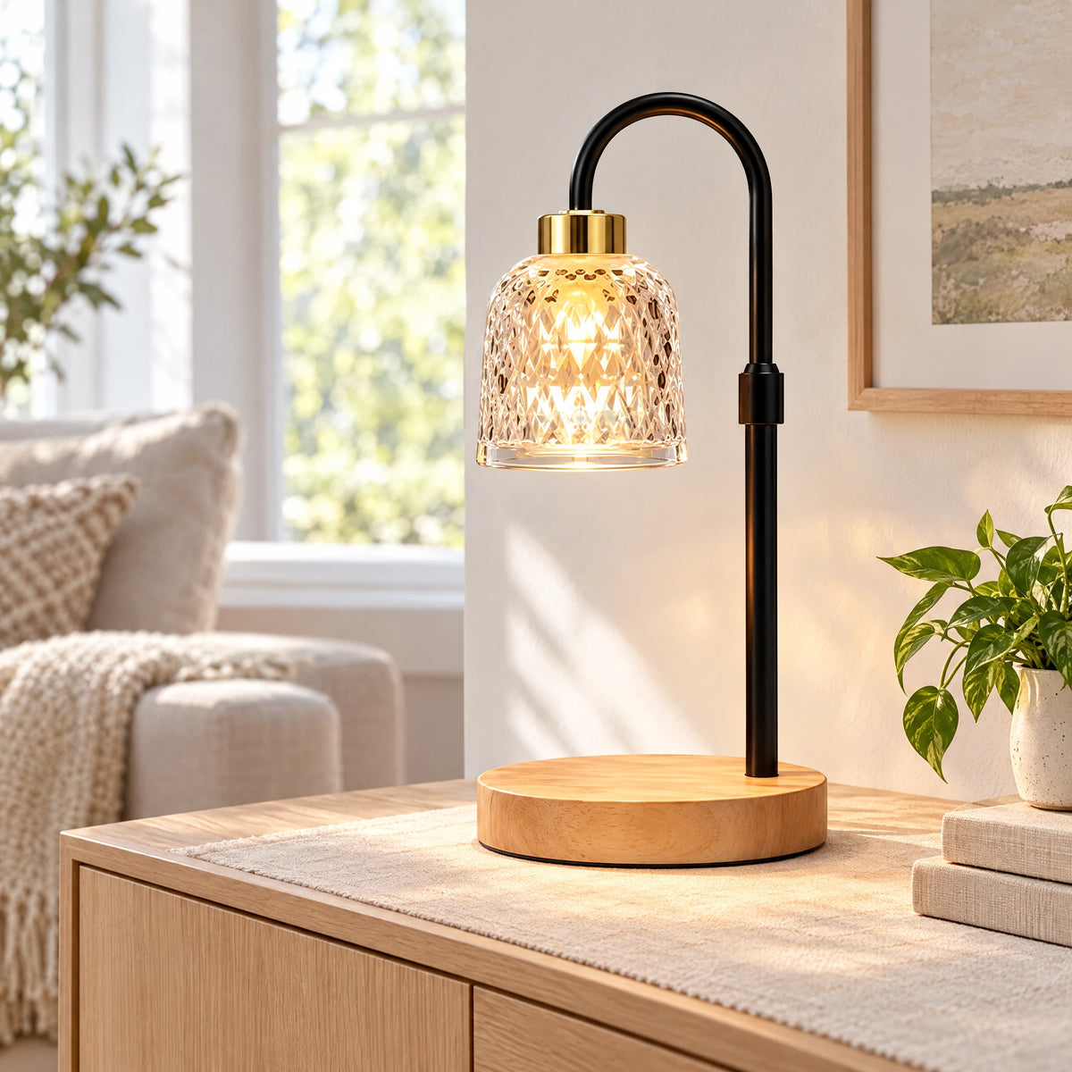 Diamond-Cut Glass Candle Warmer Lamp - Black Pole, Natural Wood Base