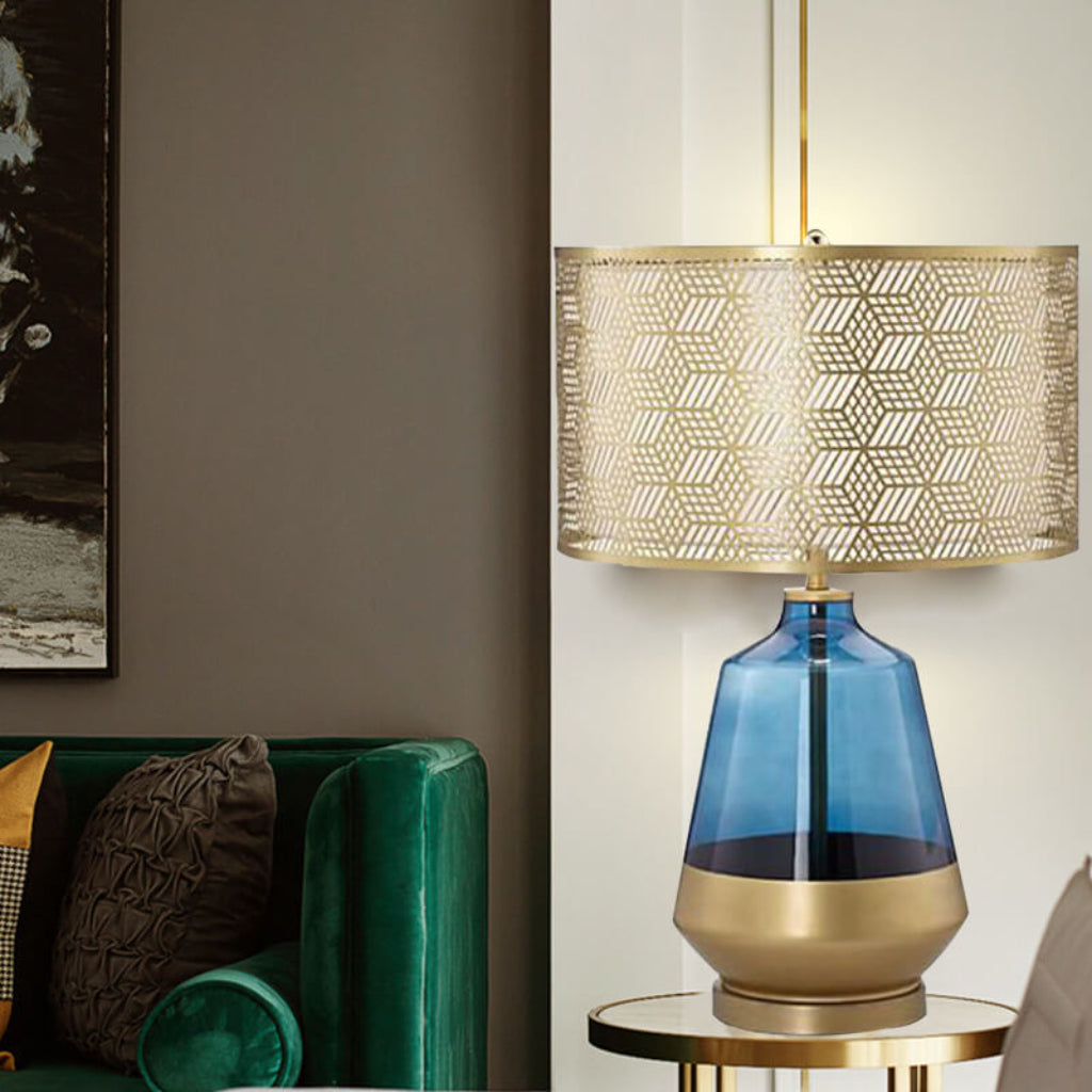 Luxury Blue Glass Table Lamp with Fabric Shade, E26 Modern Bedside Accent Lamp for Bedroom & Living Room, 110V