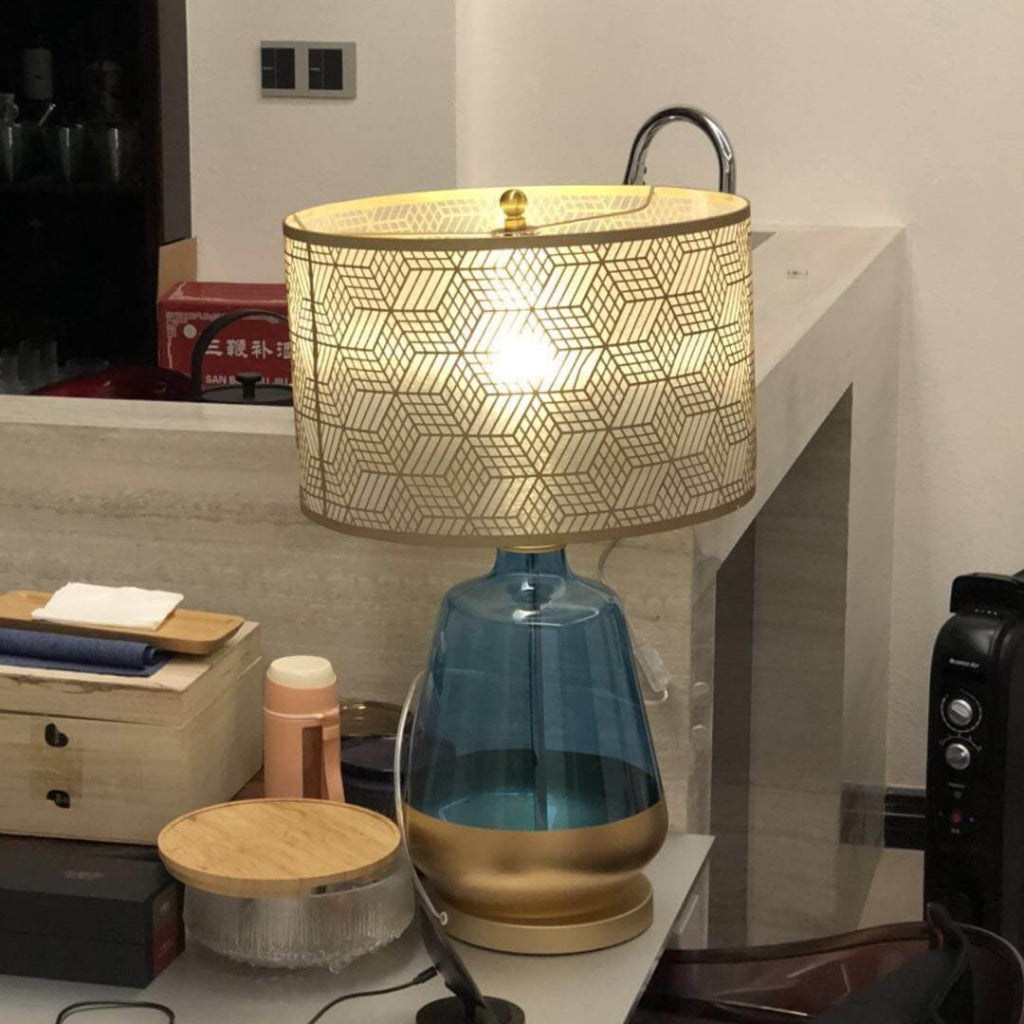 Luxury Blue Glass Table Lamp with Fabric Shade, E26 Modern Bedside Accent Lamp for Bedroom & Living Room, 110V