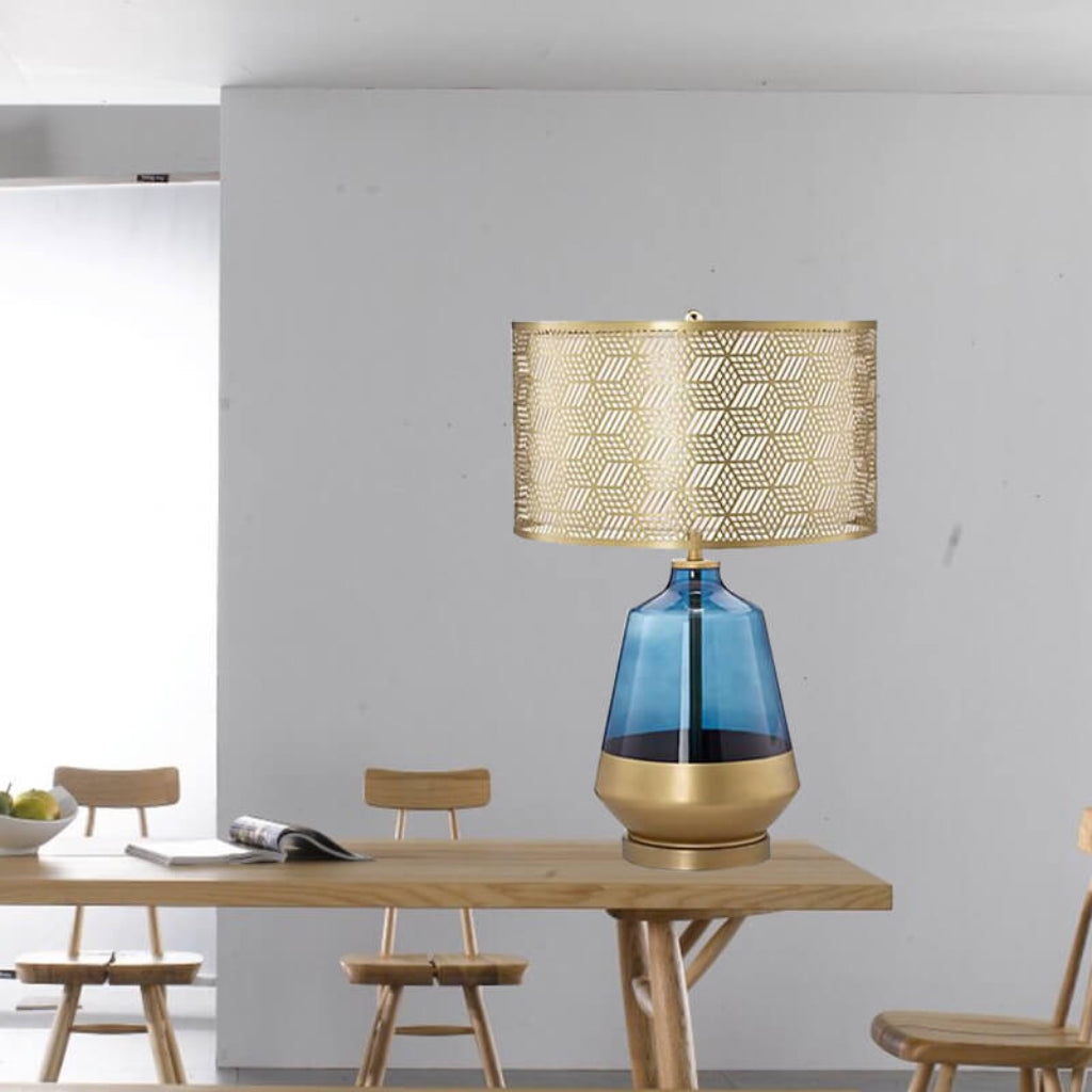 Luxury Blue Glass Table Lamp with Fabric Shade, E26 Modern Bedside Accent Lamp for Bedroom & Living Room, 110V