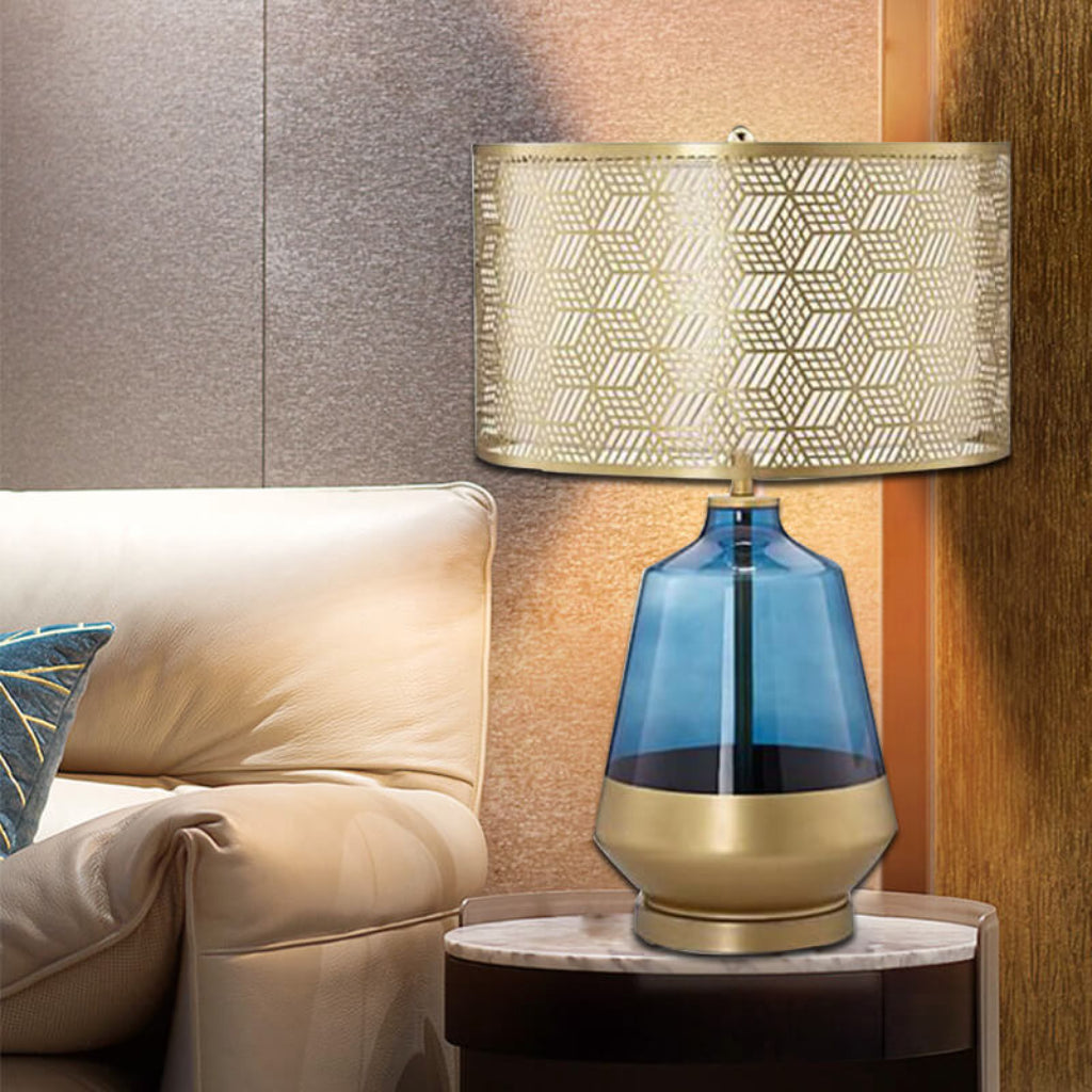 Luxury Blue Glass Table Lamp with Fabric Shade, E26 Modern Bedside Accent Lamp for Bedroom & Living Room, 110V