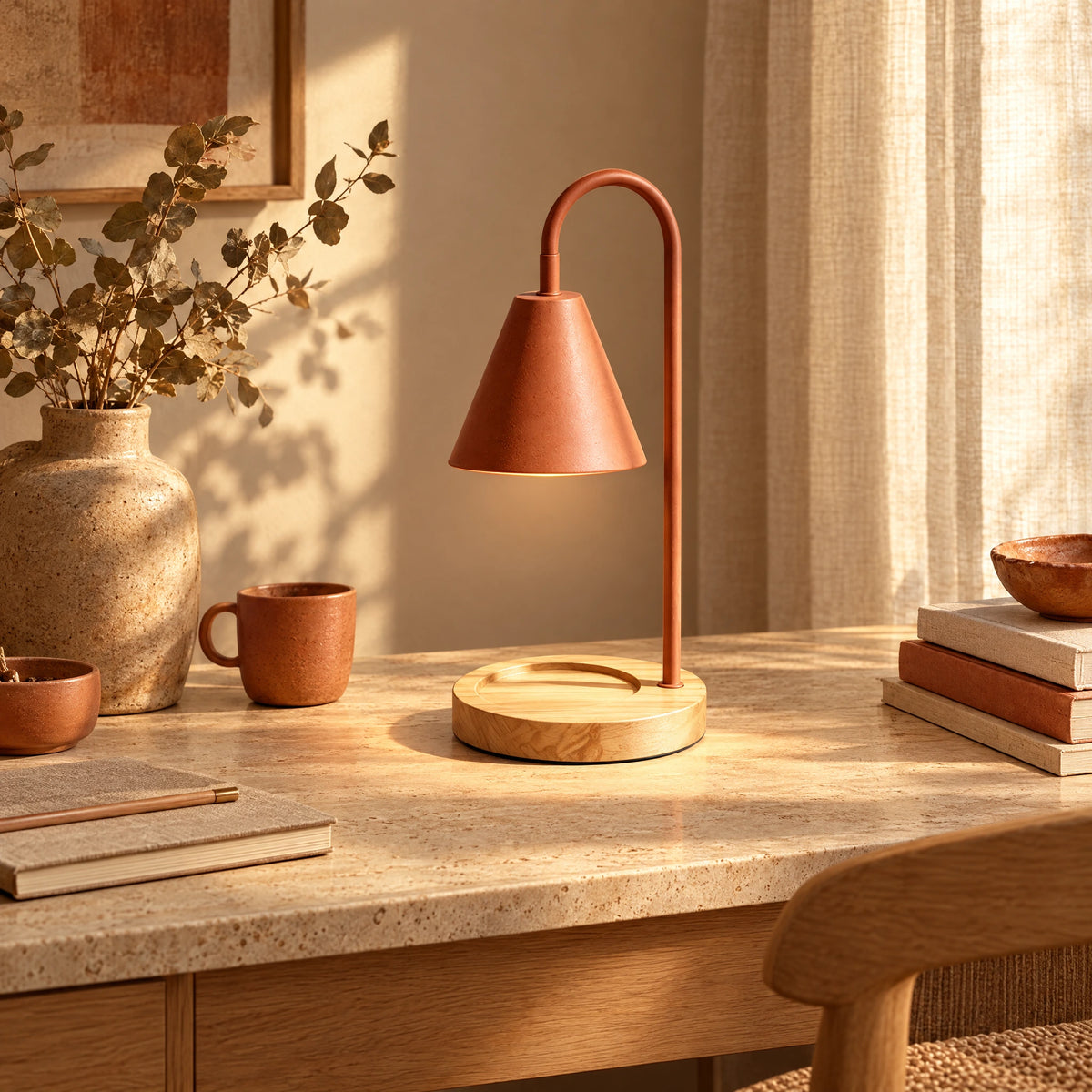 Candle Warmer Table Lamp with Metal Cone Shade - Terracotta