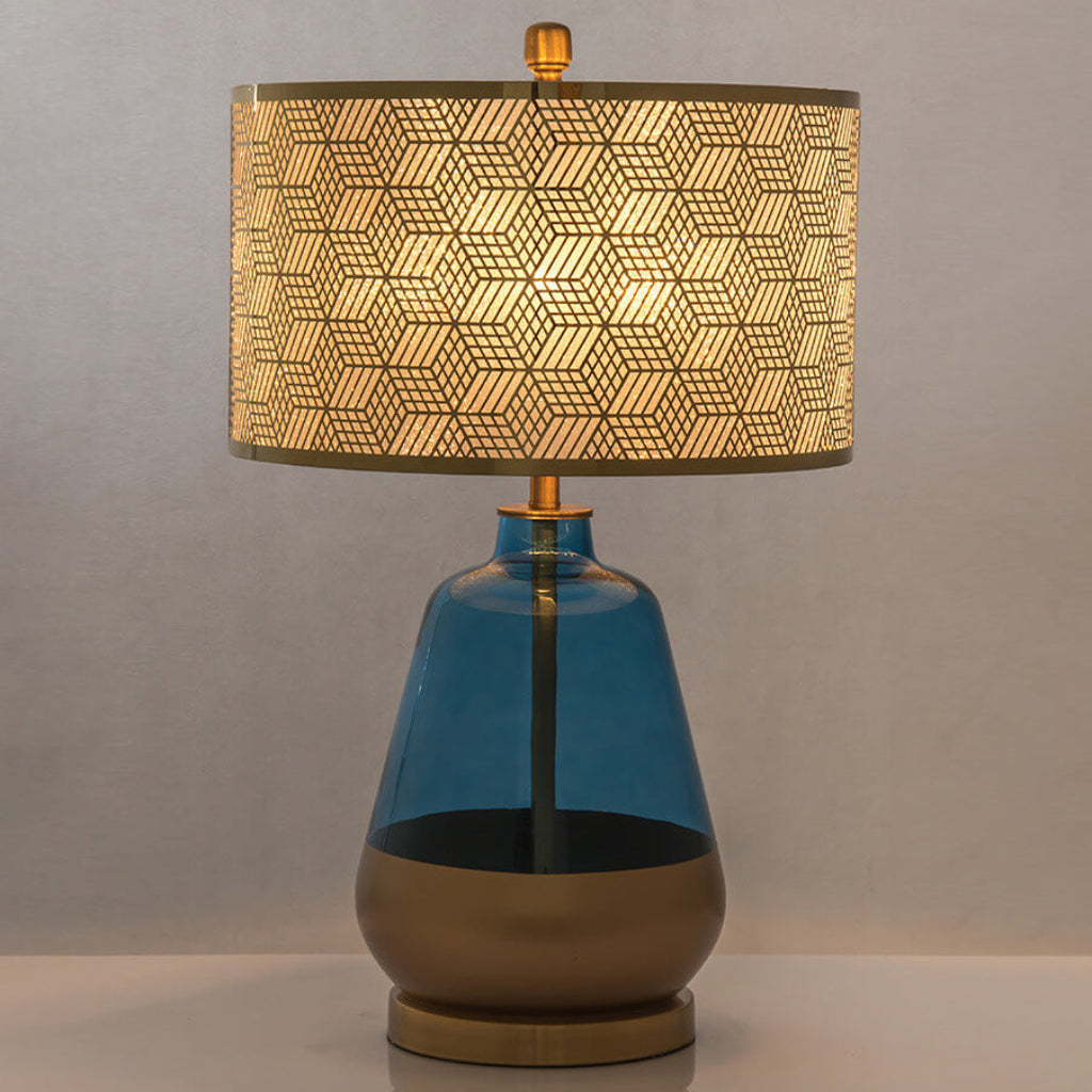 Luxury Blue Glass Table Lamp with Fabric Shade, E26 Modern Bedside Accent Lamp for Bedroom & Living Room, 110V
