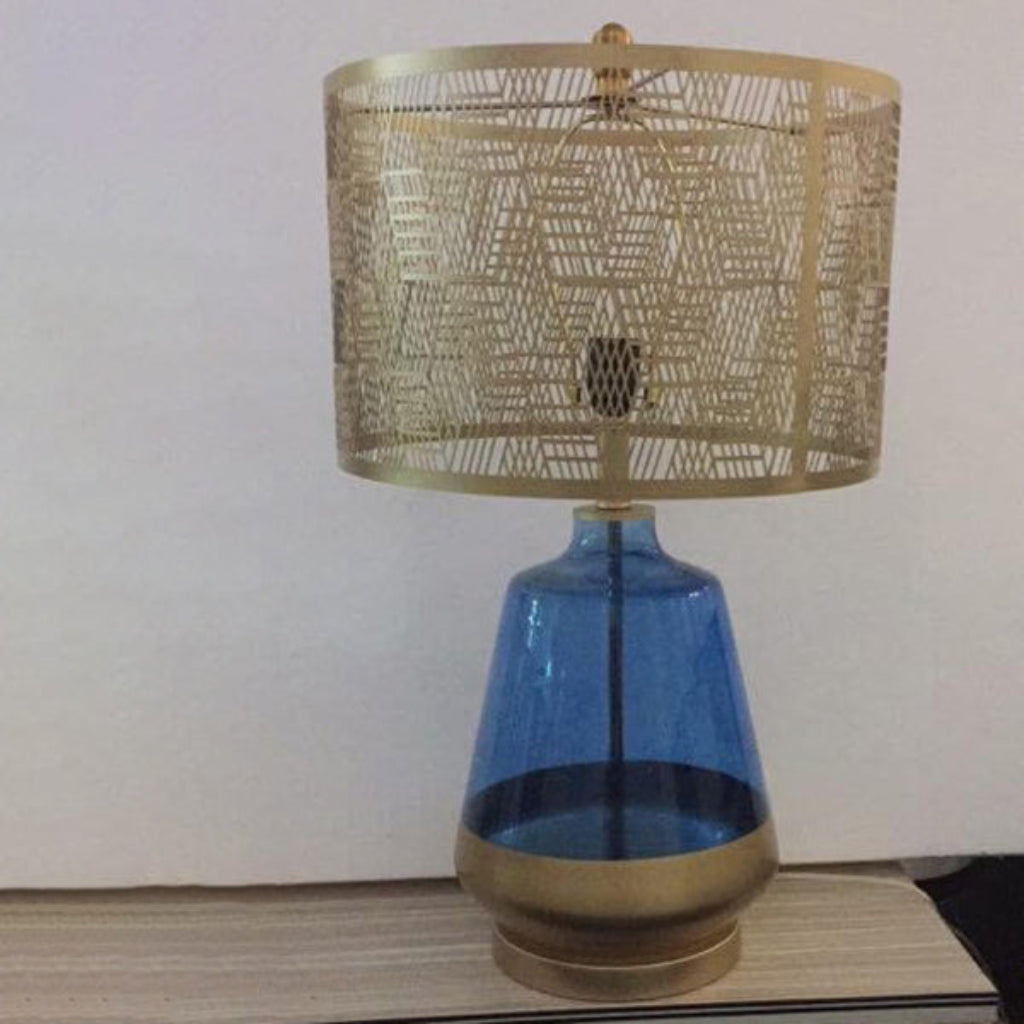 Luxury Blue Glass Table Lamp with Fabric Shade, E26 Modern Bedside Accent Lamp for Bedroom & Living Room, 110V