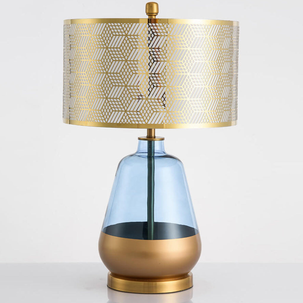 Luxury Blue Glass Table Lamp with Fabric Shade, E26 Modern Bedside Accent Lamp for Bedroom & Living Room, 110V