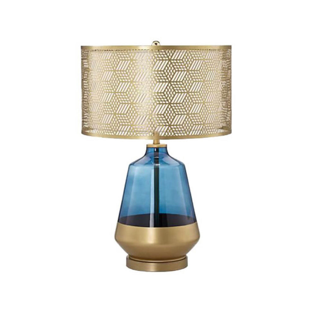 Luxury Blue Glass Table Lamp with Fabric Shade, E26 Modern Bedside Accent Lamp for Bedroom & Living Room, 110V