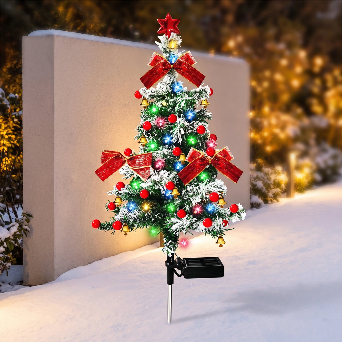 Solar Christmas Lights Tree Stakes, Stainless Steel — 90cm flocked Christmas tree (single) oval board