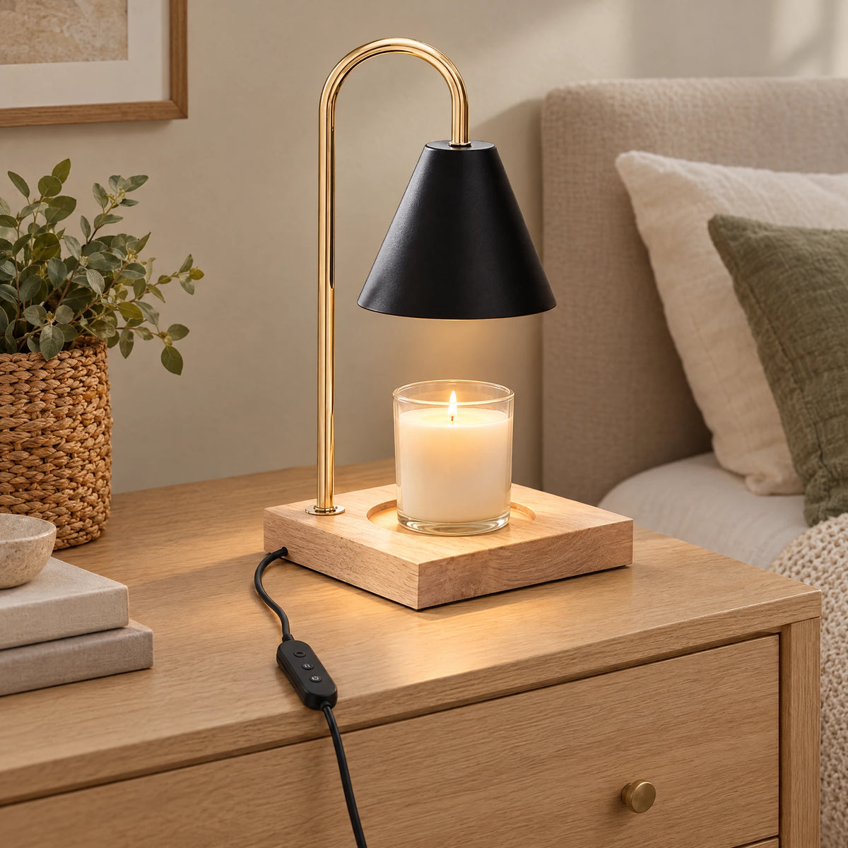 Cone Shade Candle Warmer Lamp - Natural Wood, Black Shade, Timer