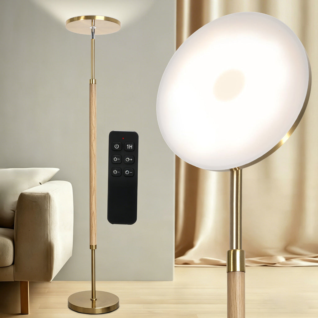 Modern Solid Wood LED Floor Lamp with Remote Control, Dimmable 30W Uplight, 110V US Plug, Acrylic Shade for Living Room & Bedroom