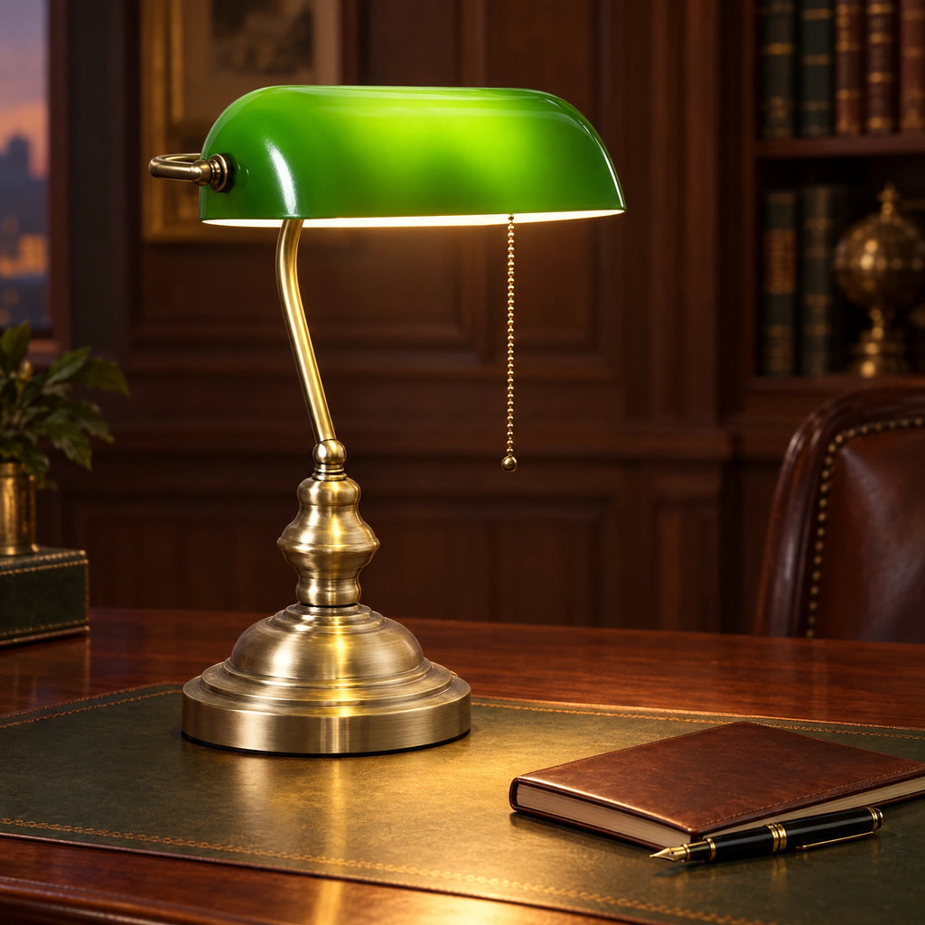 Bankers Lamp with Green Glass Shade and Antique Brass Base on a Walnut Study Desk