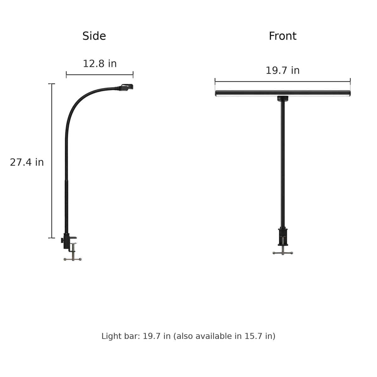 Clip-On Gooseneck LED Light Bar Lamp - Dimensions