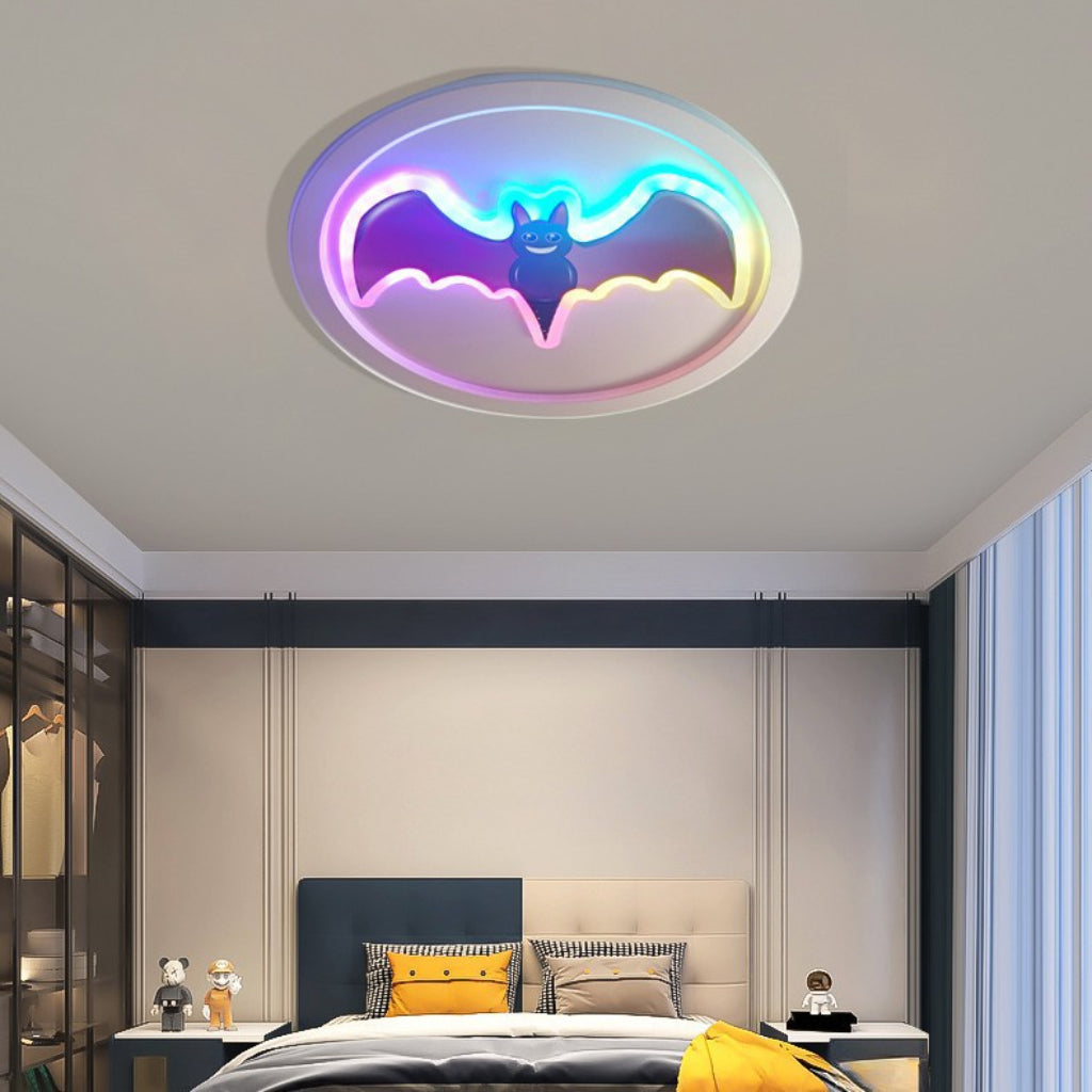 Modern 15.75-Inch 76W Round Bat LED Ceiling Light – Creative RGB Atmosphere Flush Mount Bedroom Light with Red Accent & Dimmable Lighting Velumoza