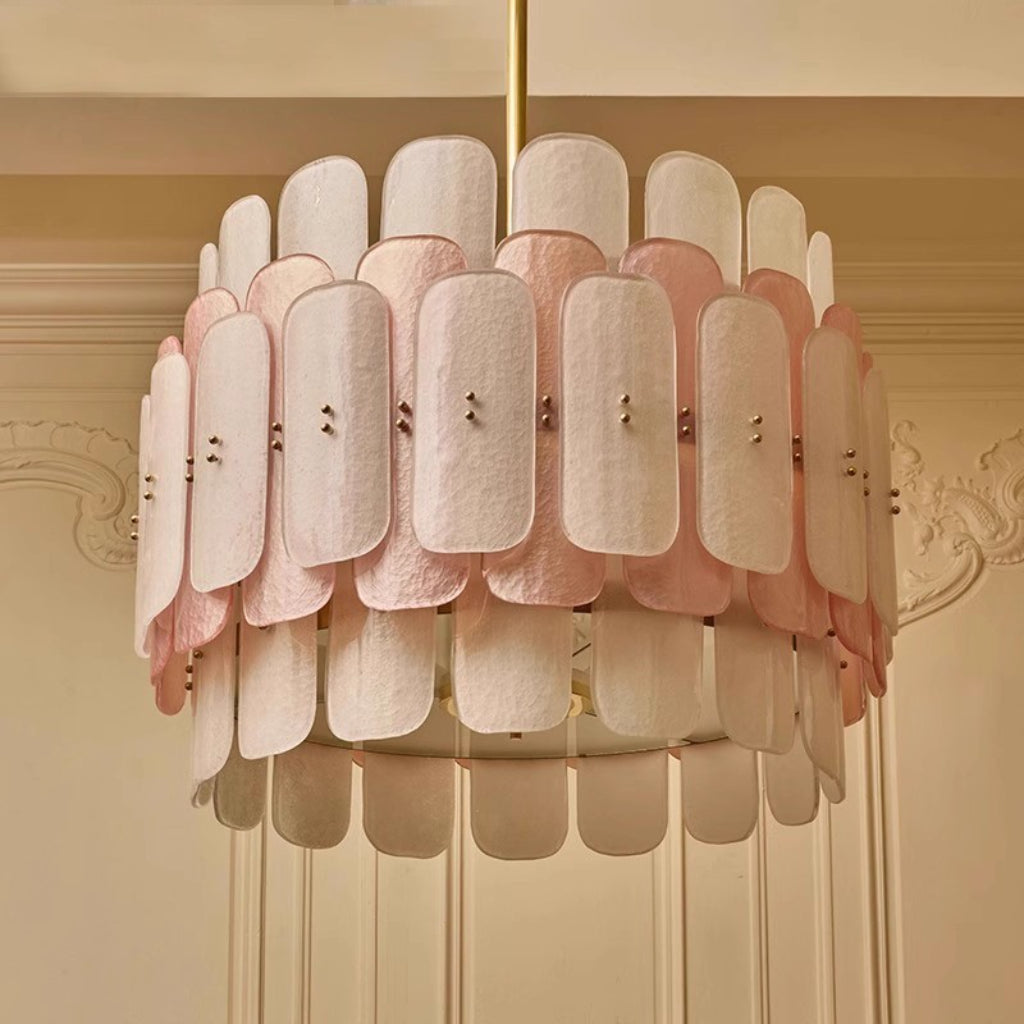 French Murano Glass Chandelier – Luxury Pink Glass Pendant Light with Gold or Chrome E14 Frame for Living Room, Dining Room & Bedroom Velumoza