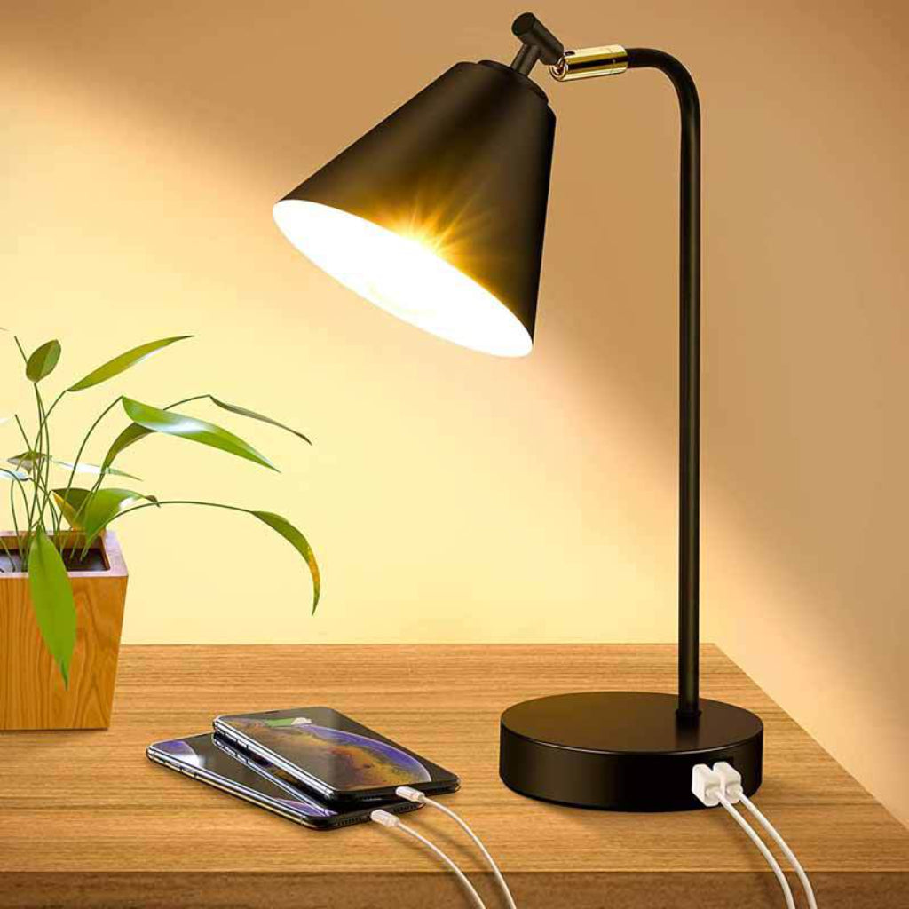 Adjustable Touch Desk Lamp with Dual USB Ports, AC Outlet & 5W LED Bulb – 110V Velumoza