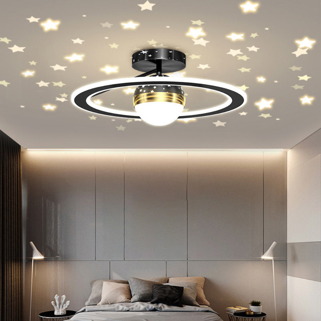 Modern 19.69-Inch Gold & Black LED Ceiling Light – Romantic Moon Star Sky Flush Mount Fixture for Kids’ Bedroom, Nursery & Modern Home Decor Velumoza