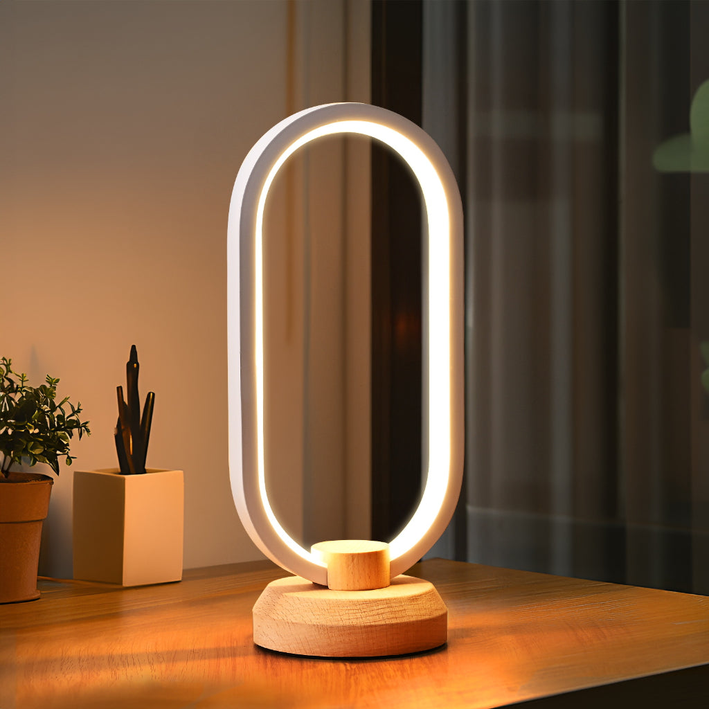 Modern Oval LED Table Lamp with Solid Wood Base – USB Bedside Ambient Light Velumoza
