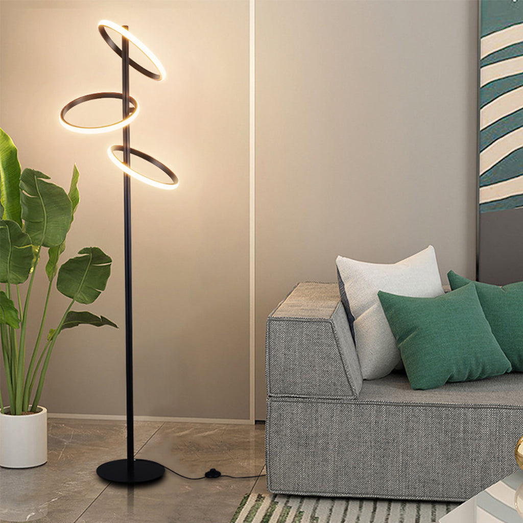 Modern Black LED Ring Floor Lamp, 30W Dimmable Standing Lamp with Rotatable Acrylic Ring