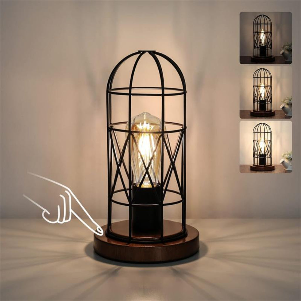 Vintage Industrial Cage Table Lamp – 3-Way Touch Dimmable Metal Bedside Lamp with Edison Style Light Velumoza