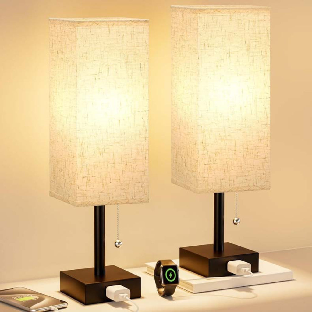 Modern Pull Chain Bedside Table Lamp with Dual USB Ports, Fabric Shade, 110V US Plug Velumoza