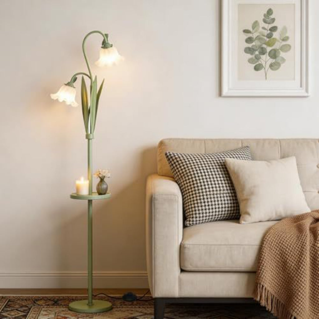 French Pastoral Floral Floor Lamp – Cream Lily of the Valley Standing Lamp with Acrylic Shade, 110V US Plug