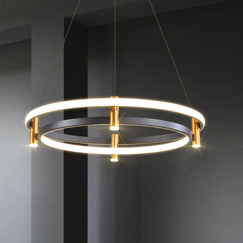 Modern Black & Gold Circular LED Pendant Chandelier – Luxury Minimalist Dimmable Ceiling Light for Living Room, Bedroom & Dining Room Velumoza