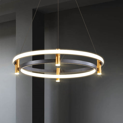 Modern Black & Gold Circular LED Pendant Chandelier – Luxury Minimalist Dimmable Ceiling Light for Living Room, Bedroom & Dining Room Velumoza