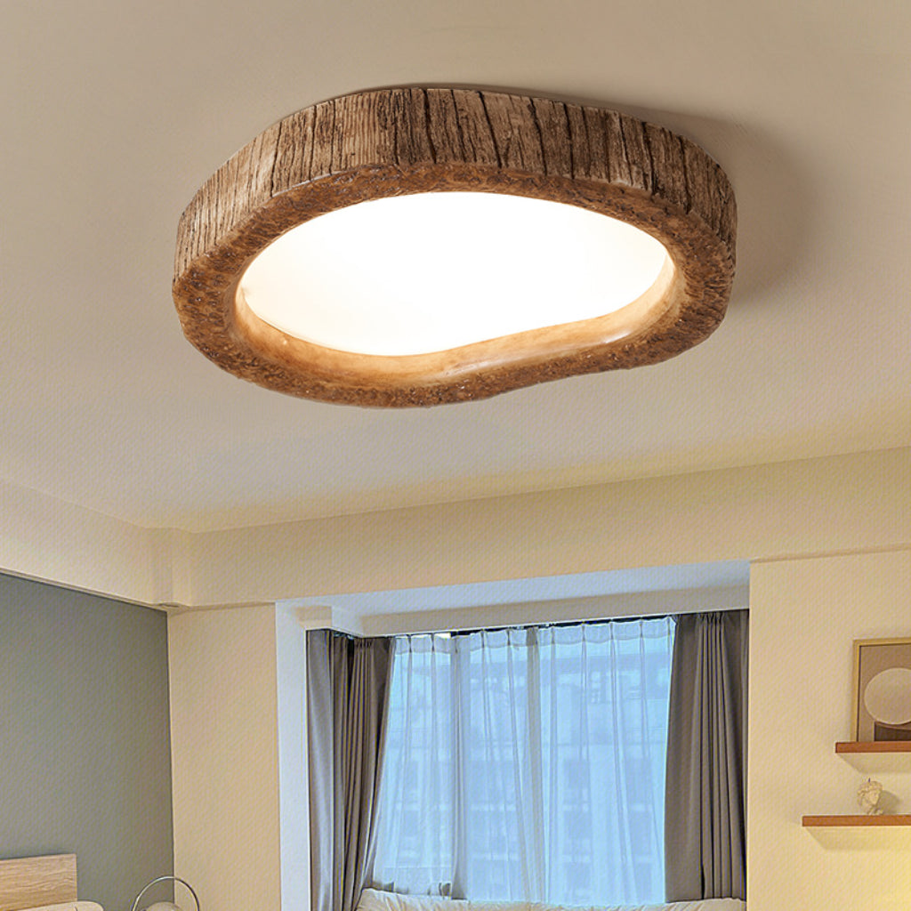 Retro Heart-Shaped LED Ceiling Light – Wood-Tone Resin & Acrylic Bedroom Fixture with Dimmable Lighting