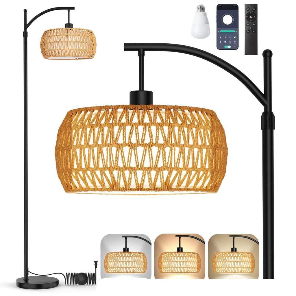 Handwoven Rattan Floor Lamp with Foot Switch, Farmhouse Boho Standing Lamp, 110V US Plug, Natural Wicker Living Room Floor Light