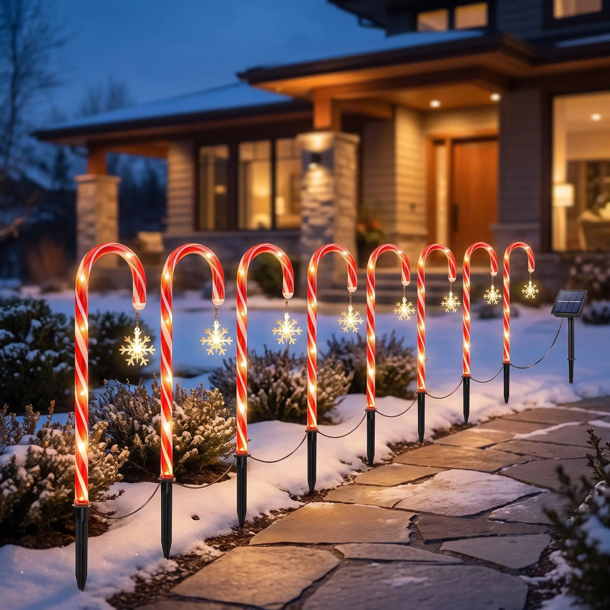 Solar Christmas Candy Cane Pathway Lights - Eight Pack with Stars