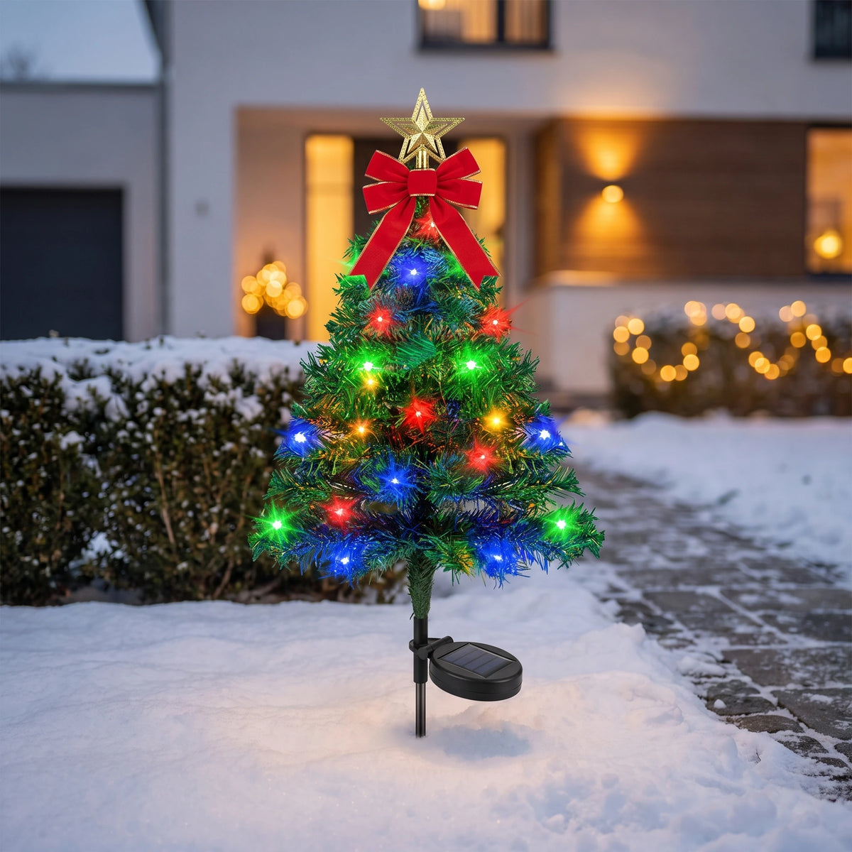 Solar Christmas Tree Stake Light - Green Tree, Round Solar Panel