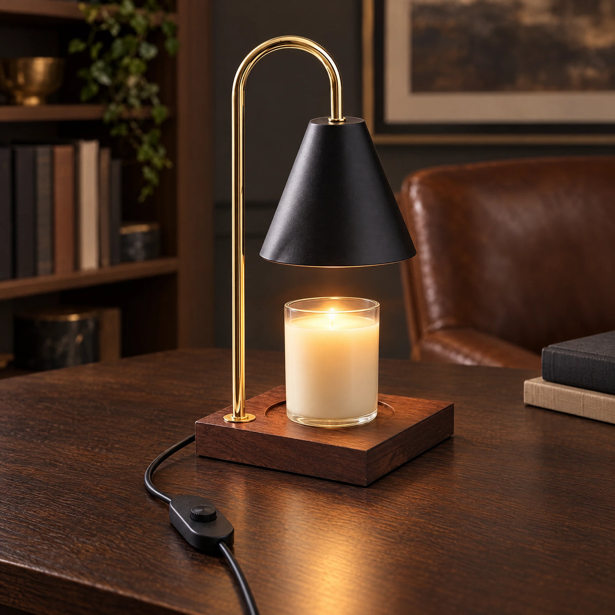 Cone Shade Candle Warmer Lamp - Walnut, Black Shade, Dimmer