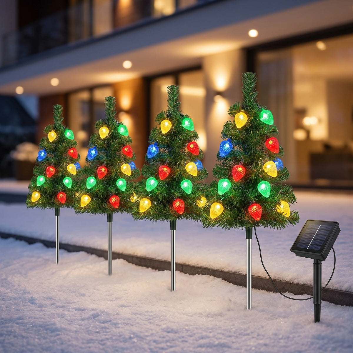 Solar Christmas Lights Tree Stakes, Stainless Steel — Four-in-One Strawberry Christmas Tree