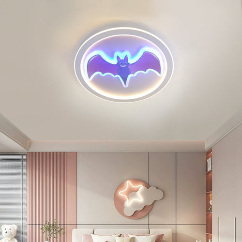 Modern 15.75-Inch 76W Round Bat LED Ceiling Light – Creative RGB Atmosphere Flush Mount Bedroom Light with Red Accent & Dimmable Lighting Velumoza