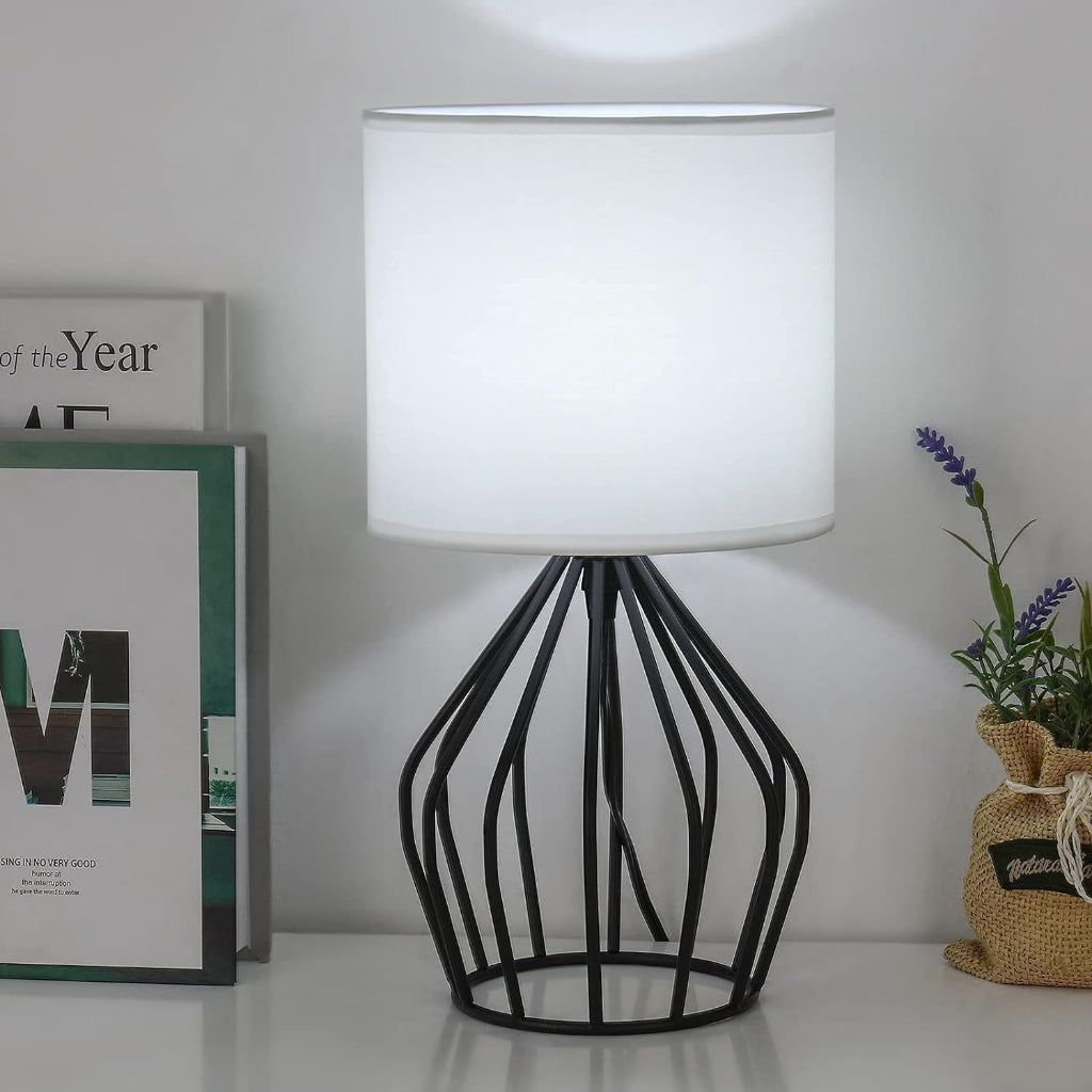 Retro Industrial Table Lamp with Linen Shade, Black Metal Body, 110V US Plug for Bedroom Velumoza