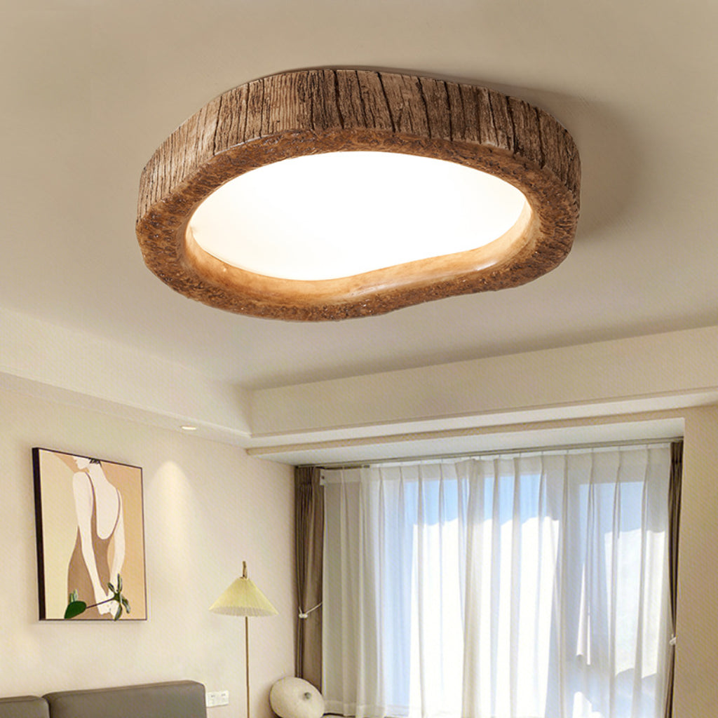 Retro Heart-Shaped LED Ceiling Light – Wood-Tone Resin & Acrylic Bedroom Fixture with Dimmable Lighting