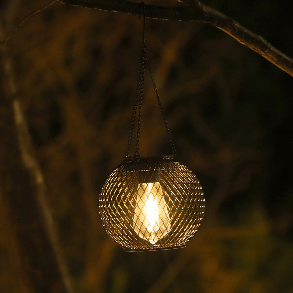 Solar Outdoor Hanging Lantern – Black Iron Mesh LED Chandelier for Garden, Patio, Balcony & Courtyard Decoration