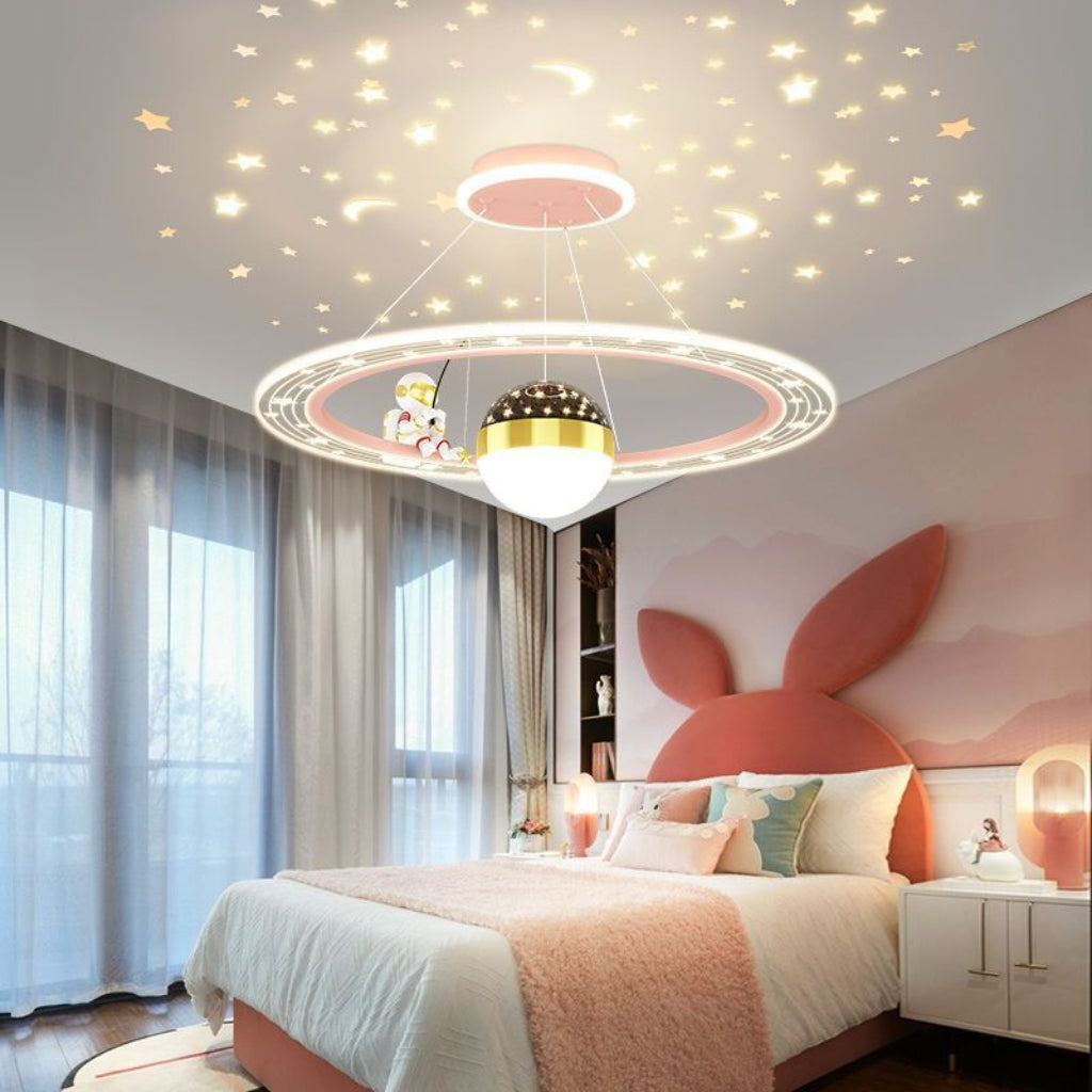 19.69 in Astronaut Space LED Ceiling Light – Modern Nordic Dimmable Kids Room Fixture in Blue, Pink & White – 110V Velumoza