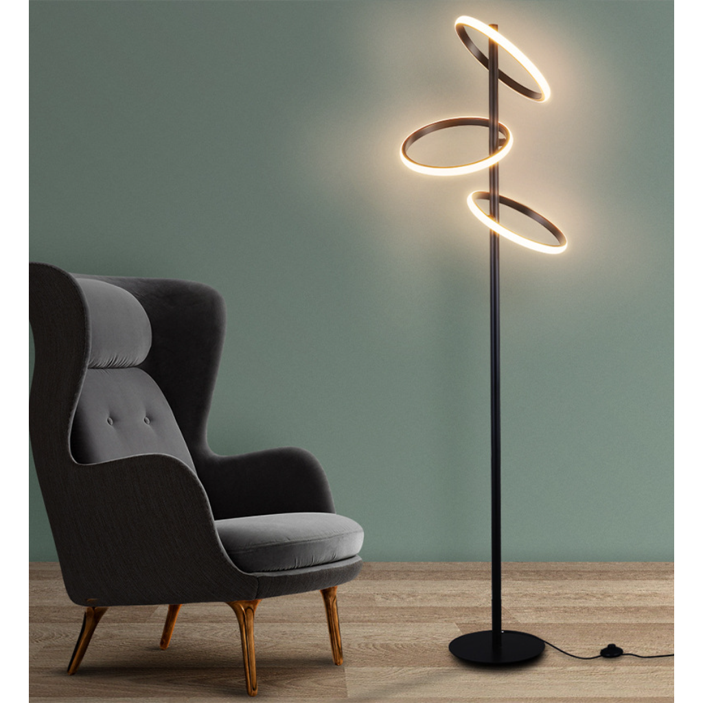 Modern Black LED Ring Floor Lamp, 30W Dimmable Standing Lamp with Rotatable Acrylic Ring