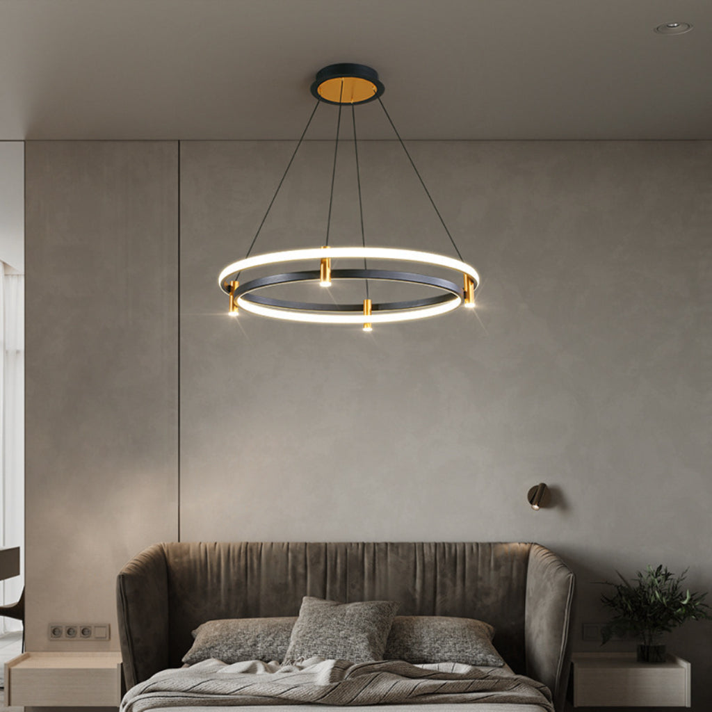 Modern Black & Gold Circular LED Pendant Chandelier – Luxury Minimalist Dimmable Ceiling Light for Living Room, Bedroom & Dining Room Velumoza