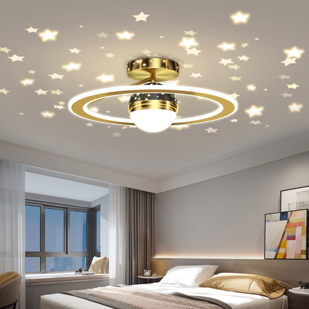 Modern 19.69-Inch Gold & Black LED Ceiling Light – Romantic Moon Star Sky Flush Mount Fixture for Kids’ Bedroom, Nursery & Modern Home Decor Velumoza