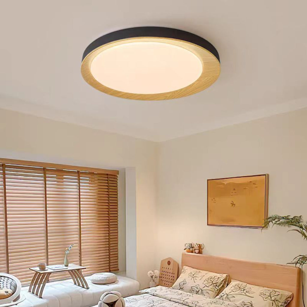 Modern Wood Grain LED Ceiling Light – 19.69" Round Flush Mount, 39W Dimmable Remote Control, 110V