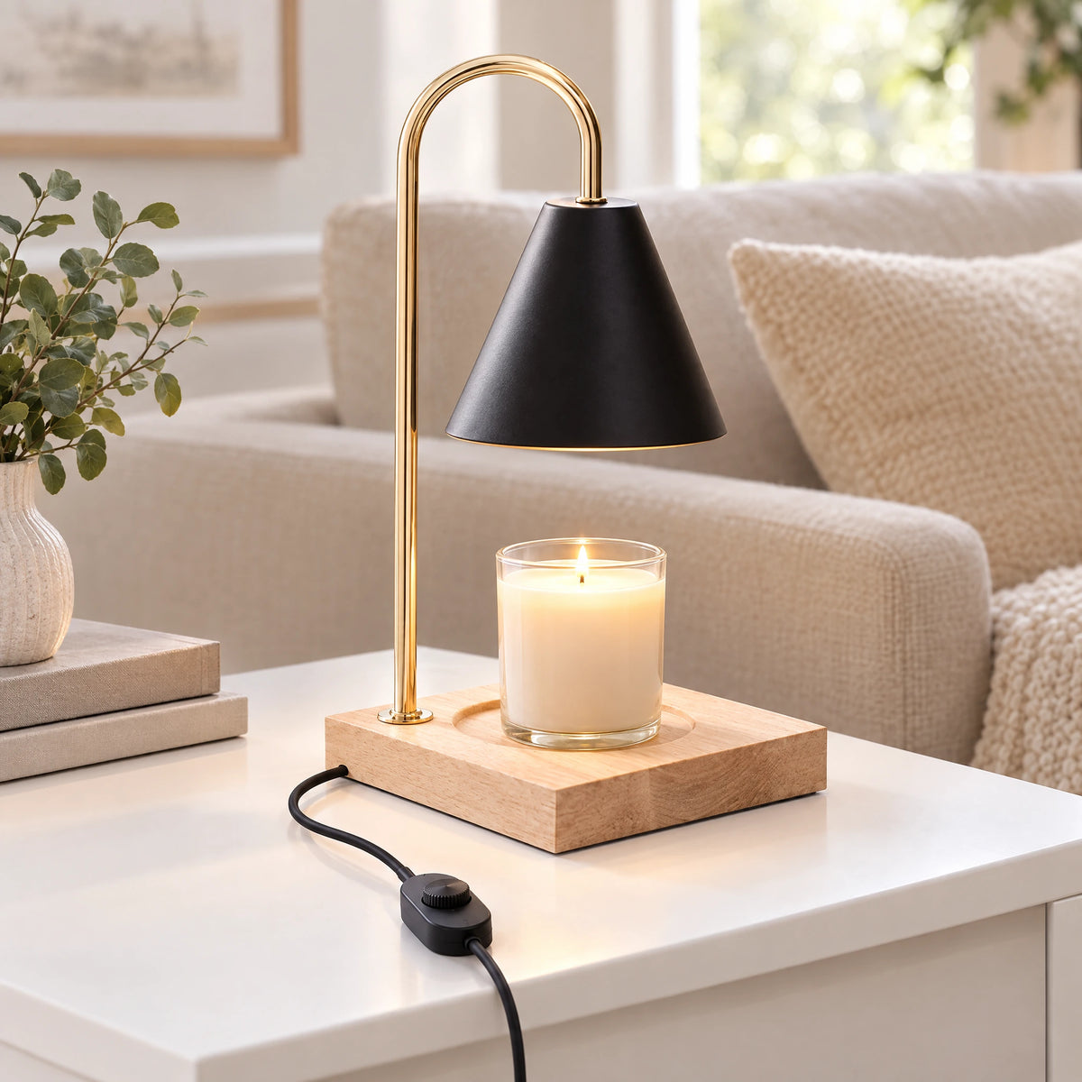Cone Shade Candle Warmer Lamp - Natural Wood, Black Shade, Dimmer