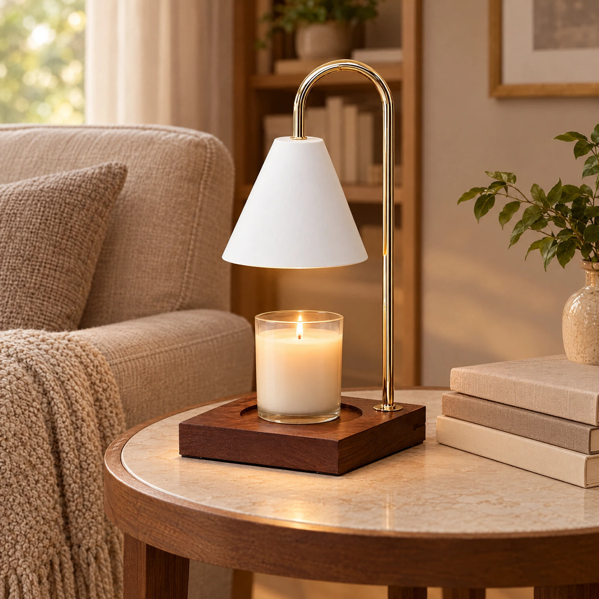 Cone Shade Candle Warmer Lamp with Square Wood Base