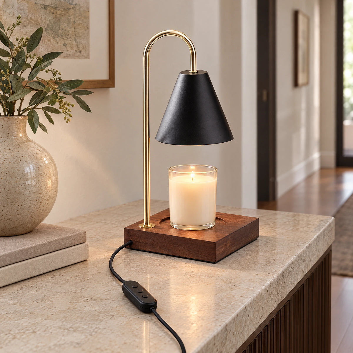 Cone Shade Candle Warmer Lamp - Walnut, Black Shade, Timer