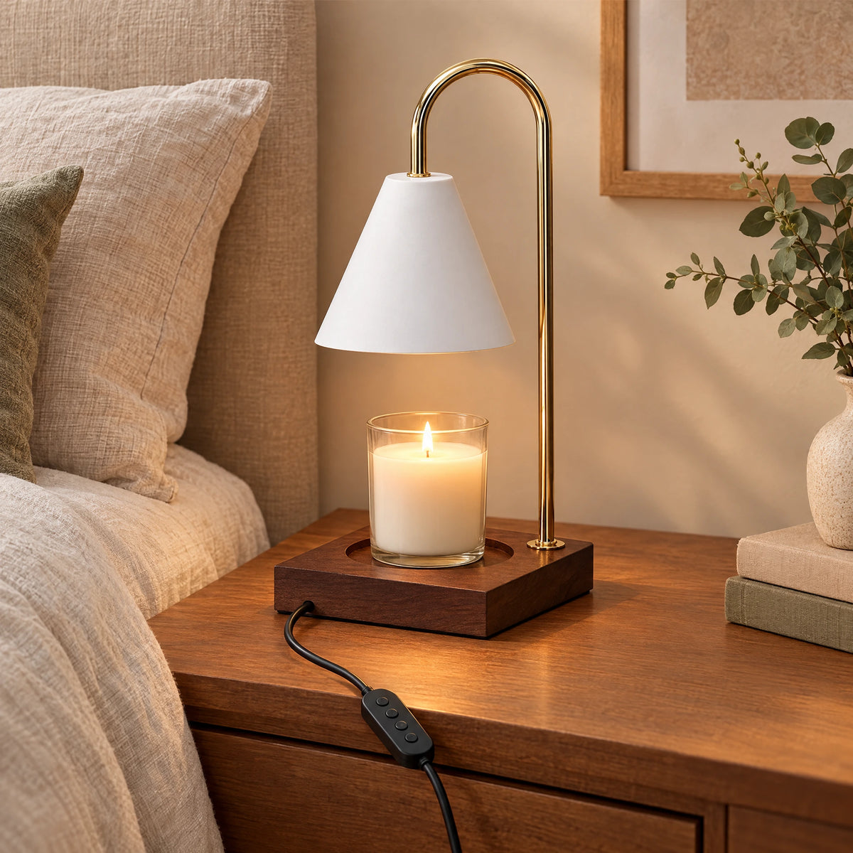 Cone Shade Candle Warmer Lamp - Walnut, White Shade, Timer