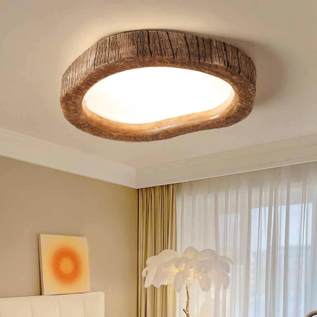 Retro Heart-Shaped LED Ceiling Light – Wood-Tone Resin & Acrylic Bedroom Fixture with Dimmable Lighting