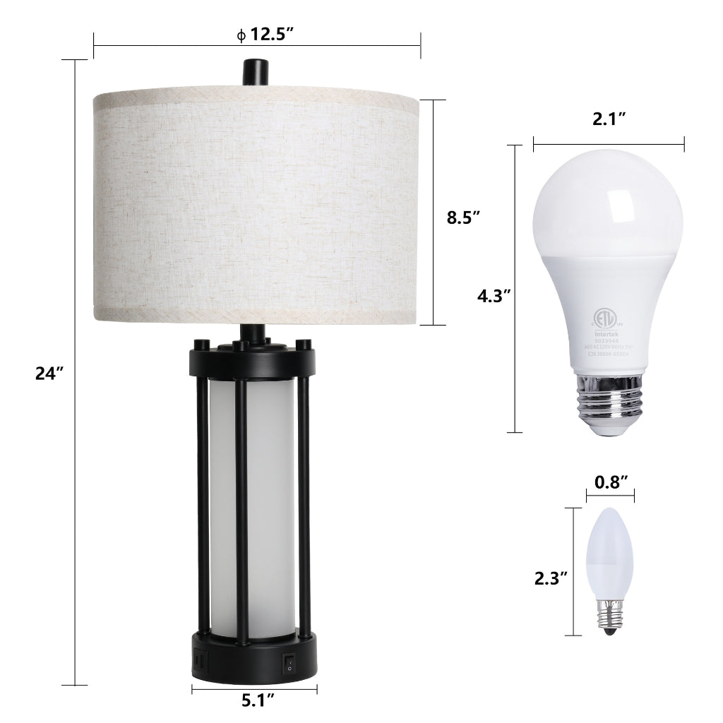 Set of 2 24-Inch Farmhouse Table Lamps with USB-C/A, AC Outlet & Night Light – 110V Velumoza