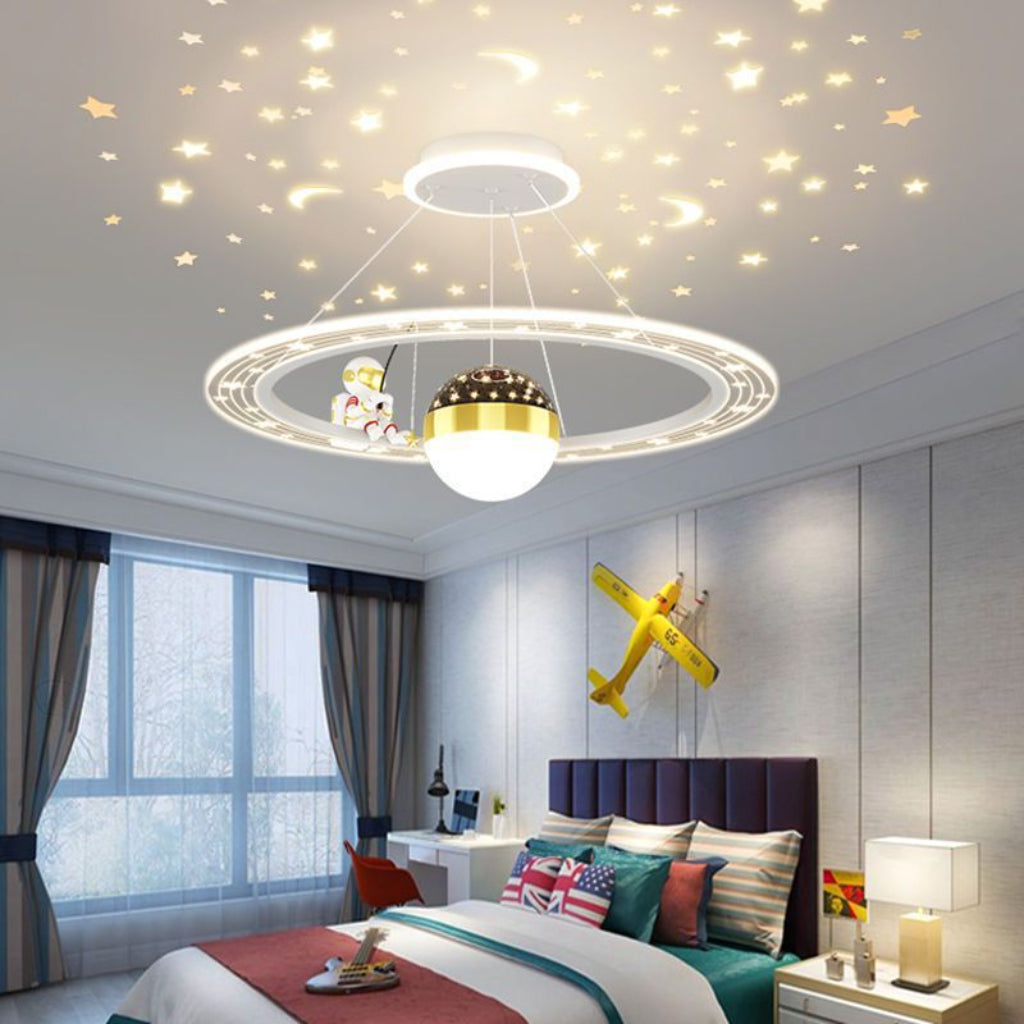 19.69 in Astronaut Space LED Ceiling Light – Modern Nordic Dimmable Kids Room Fixture in Blue, Pink & White – 110V Velumoza