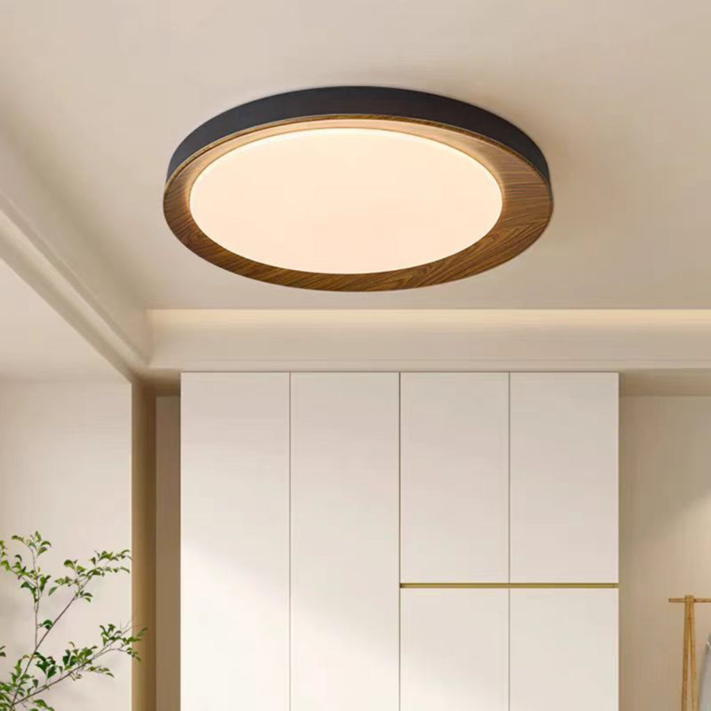 Modern Wood Grain LED Ceiling Light – 19.69" Round Flush Mount, 39W Dimmable Remote Control, 110V