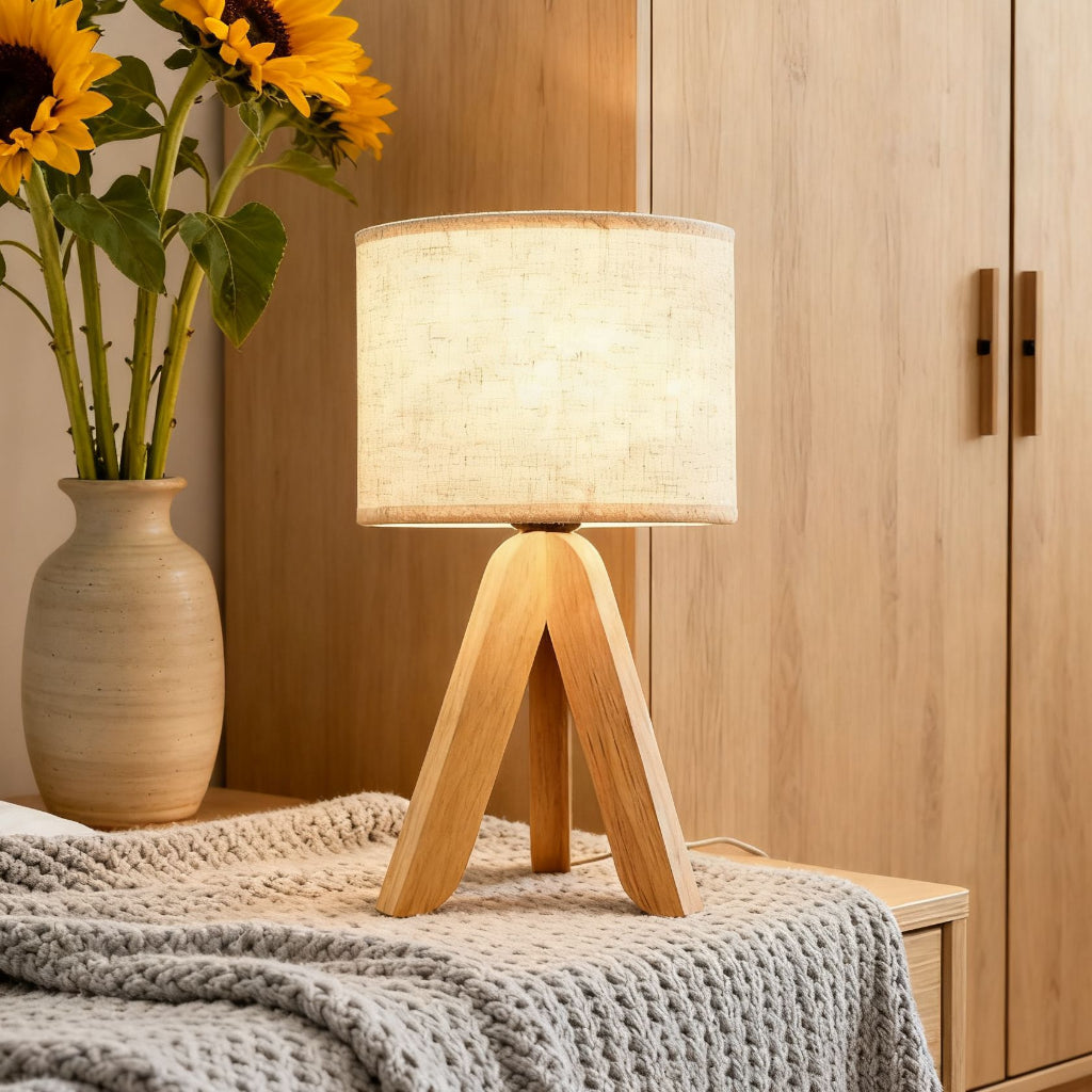 Modern Wooden Tripod Table Lamp with Fabric Shade, USB Dimming for Bedroom and Living Room Velumoza